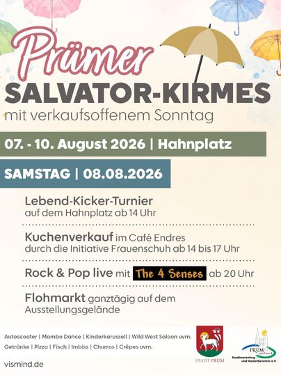 Das Bild zeigt ein Plakat für die Prümer Salvator-Kirmes, die vom 7. bis 10. August 2026 stattfindet. Es werden verschiedene Veranstaltungen wie ein Kickerturnier, Kuchenverkauf und ein Rockkonzert angekündigt.