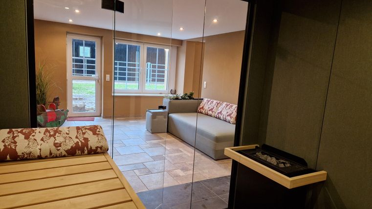 Un espace de détente moderne avec un sauna et un canapé confortable. De grandes fenêtres offrent une vue sur l'extérieur.