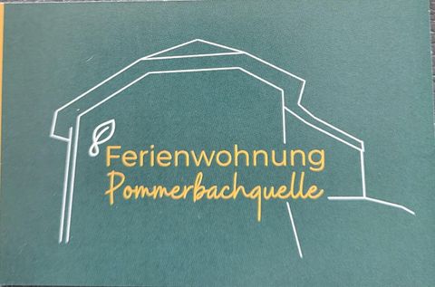 A simple depiction of a house with the inscription "Vacation Apartment Pommerbachquelle". The background is green, the lines are white, and the text is in yellow.