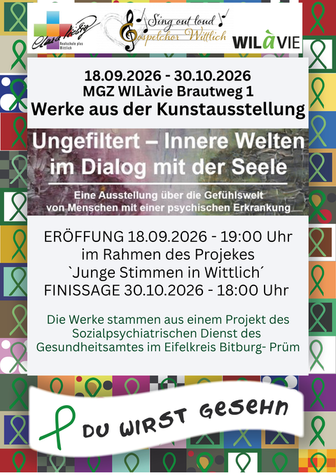Une affiche pour un événement nommé « Jeunes Voix à Wittlich », qui est contre la dépression et pour une âme saine. L'événement aura lieu les 18 et 19 septembre 2026 et proposera de la musique, des lectures et des stands d'informations.