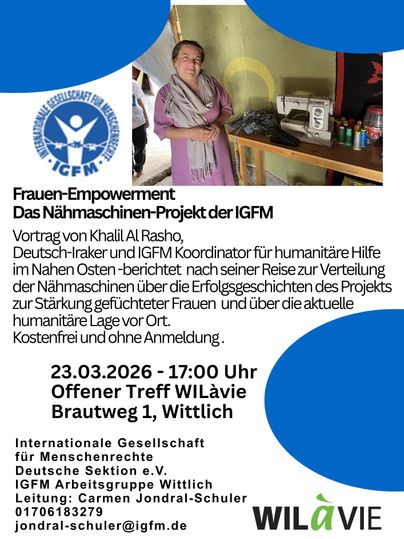 Une affiche d'information pour l'événement sur l'autonomisation des femmes et un projet de machines à coudre de l'IGFM. La conférence aura lieu le 23 mars 2026 à Wittlich et portera sur le soutien aux femmes réfugiées.