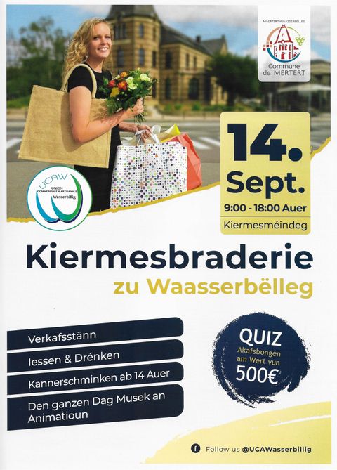 Een flyer voor de kermis in Wasserbüllig op 14 september van 9.00 tot 18.00 uur. Er zijn kraampjes, eten en drinken en een quiz met prijzen.