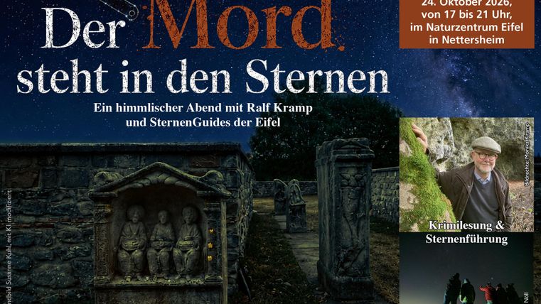 Een poster voor een evenement met de titel „De moord staat in de sterren“. Het toont een mystiek nachtbeeld met sterren en bevat informatie over een crime reading en sterrenrouting in het natuurcentrum Eifel.