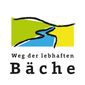 Logo van het pad van levendige beken met gestileerde rivier en heldere kleuren.