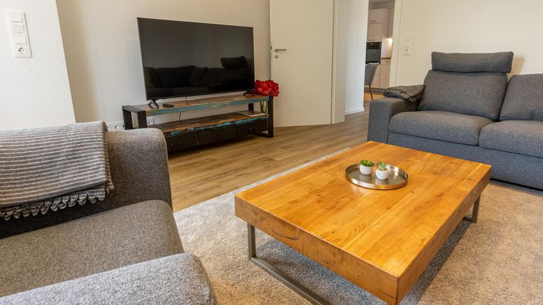 Een gezellige woonkamer met een grijze bank en een houten salontafel. Op de achtergrond staat een televisie en een tapijt zorgt voor een uitnodigende sfeer.
