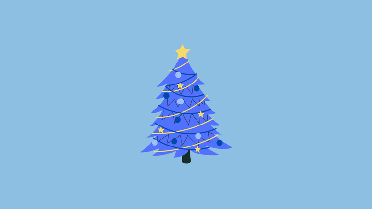 Ein blauer Weihnachtsbaum mit einem goldenen Stern an der Spitze. Der Baum ist mit bunten Lichtern geschmückt.