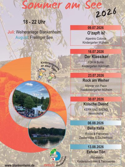 Eine Veranstaltungsübersicht für den Sommer 2026 am Weiher in Blankenheim. Die Aktivitäten sind für Familien und Kinder geeignet und finden an verschiedenen Daten statt.