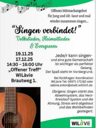 Een poster voor een zingend evenement met de titel "Zingen verbindt!". Er vindt een open deelname-aanbod voor jong en oud plaats, dat volksliederen, thuisliederen en evergreens omvat.
