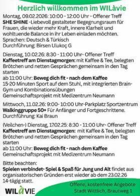 Een informatieblad over evenementen in WILàvie in Wittlich. Er worden verschillende bijeenkomsten, sportactiviteiten en aanbiedingen voor jong en oud gepresenteerd.