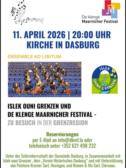 A poster for the concert "De klenge Maarnicher Festival" on May 10, 2025, in the church in Dasburg. It features the ensemble Ad Libitum and includes information on reservations and the event.