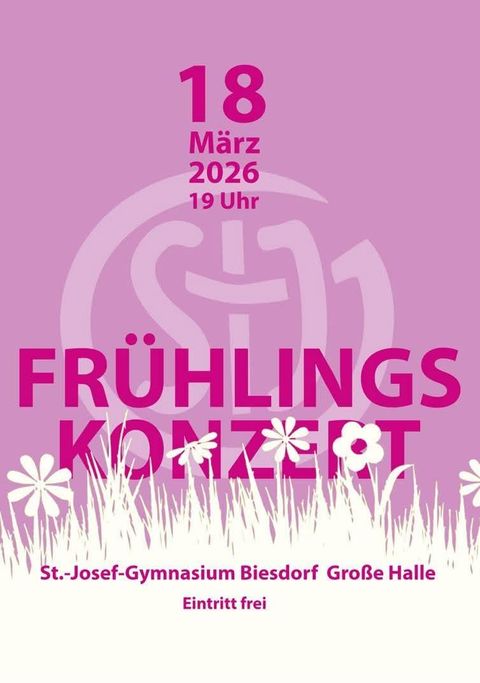 A cheerful spring concert with colorful flowers in the background. The event will take place on March 26, 2025, at 7 PM at the St. Josef-Gymnasium Biesdorf.