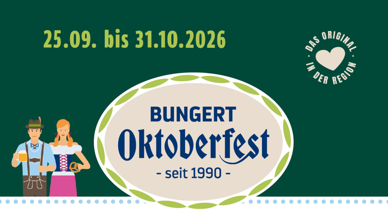 Ein fröhliches Oktoberfest-Design mit einem Mann in Tracht und einer Frau in traditioneller Kleidung. Das Fest findet vom 25. September bis 31. Oktober 2026 statt.