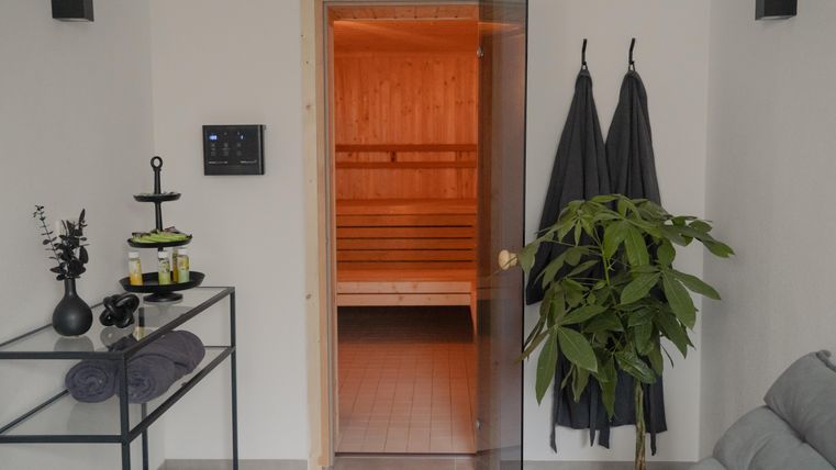 Een moderne saunaruimte met een glazen deur en warm licht. Naast de deur staan planten, handdoeken en een klein tafeltje met wellnessproducten.