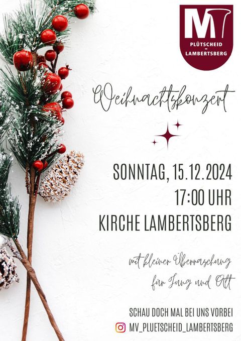 Ein festliches Weihnachtsevent mit Tannenzweigen und Dekoration. Es findet am 15. Dezember 2024 in der Kirche Lambertsberg statt.