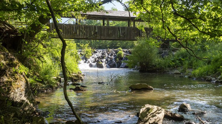 Ein ruhiger Fluss fließt unter einer Holzbrücke. Umgeben von üppigem Grün und sanften Wasserfällen.