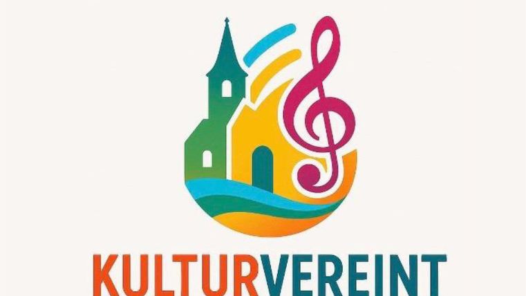 Een kleurrijk logo met een kerk, een golf en een noot. De tekst „KULTURVEREINT“ is duidelijk zichtbaar.