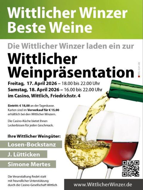 A poster for the wine presentation of the Wittlicher winemakers with details about the event. It features wine glasses and information about dates, prices, and participating winemakers.