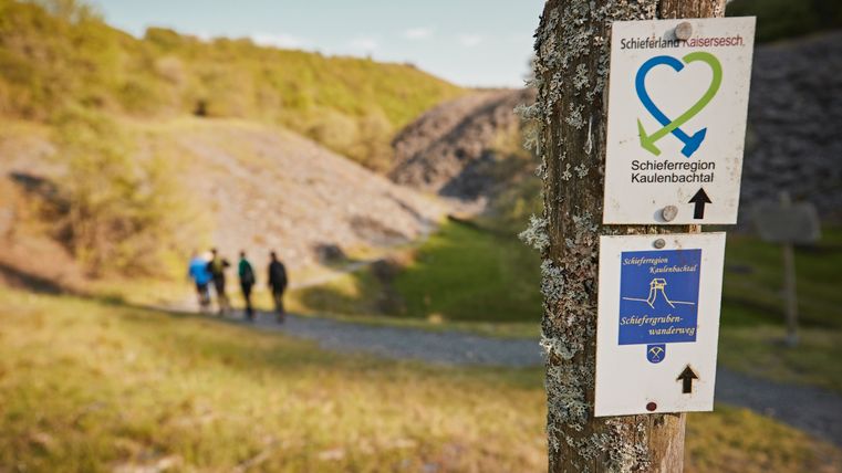 A hiking signpost with hikers on a path in the background. 