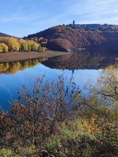 Un lac paisible avec une réflexion claire et une rive colorée en automne. À l'arrière-plan, une colline avec une tour d'observation s'élève.