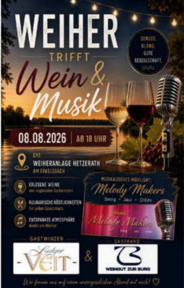 Een evenementposter voor "Wijn & Muziek" op 08.08.2026. Het toont wijn, een glas en microfoons, vergezeld door de band Melody Makers.