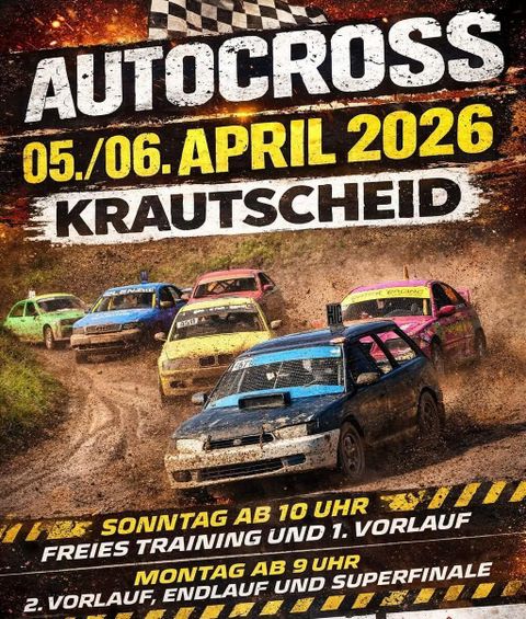 Een afbeelding van een autorace met meerdere auto's die over een stoffige racebaan rijden. Het evenement vindt plaats op 20 en 21 april 2025 in Krautscheid.