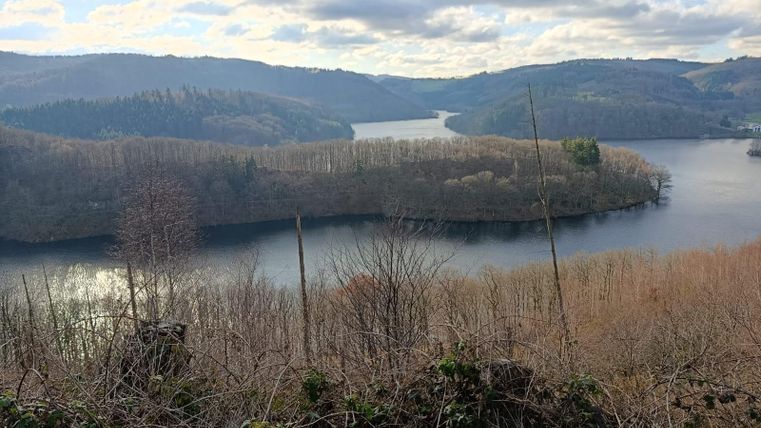 Une belle vue sur une rivière, entourée de montagnes et d'arbres. Le ciel est partiellement nuageux et se reflète dans l'eau.