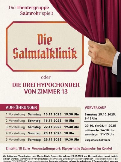 Een poster van het theatergezelschap Salmrohr voor de voorstelling "De Salmtalkliniek". Het bevat informatie over data, voorverkoop en toegangsprijzen.