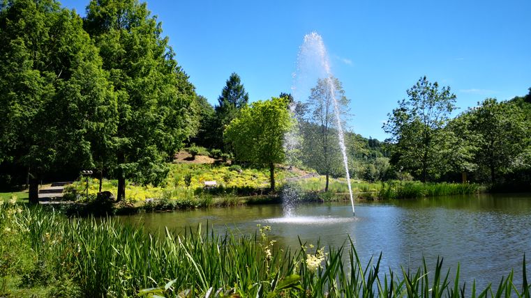 A pond in the spa gardens with a water fountain, surrounded by green trees and plants under a clear blue sky.