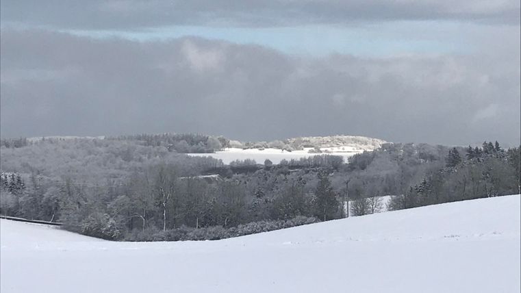 Un paysage enneigé avec des collines douces et des arbres enneigés. Le ciel est nuageux et transmet une atmosphère calme.