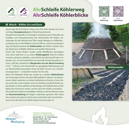 An informative presentation about the charcoal kiln in Müsch, featuring a pile of wood and rising smoke. The region is known for charcoal production and has a rich history.