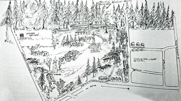 Une carte dessiné à la main d'une région montagneuse avec des bâtiments, des chemins et des arbres. La carte montre différents endroits et commodités dans les environs.