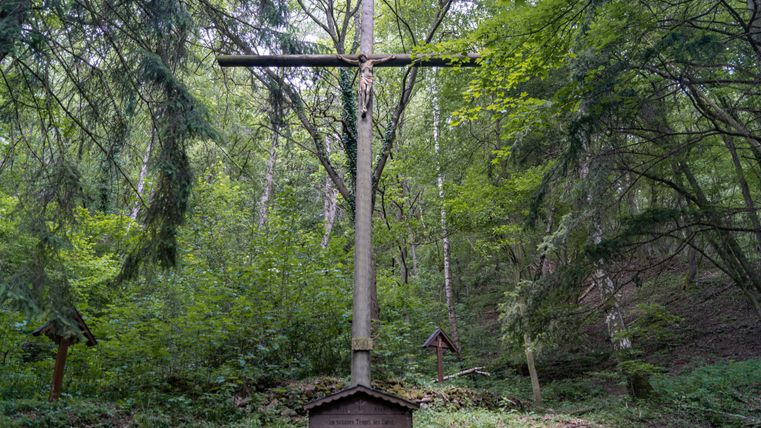 Une grande croix en bois avec une statue de Jésus dans une zone boisée, entourée d'arbres et de végétation.