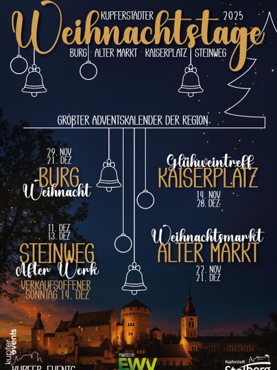 A poster for the Christmas Days 2025 in Copper City. It showcases various events such as Christmas markets and Advent activities at different locations.