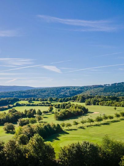 Eine weite, grüne Landschaft mit sanften Hügeln und Bäumen. Der Himmel ist klar und blau, mit einigen Wolken.