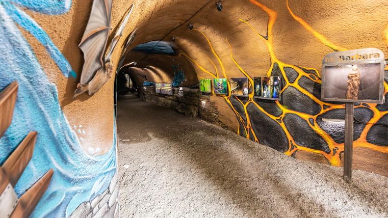 Ein kreativer Tunnel mit bunten Wandmalereien und Fotos auf beiden Seiten. Der Boden ist sandig und verleiht dem Raum eine besondere Atmosphäre.