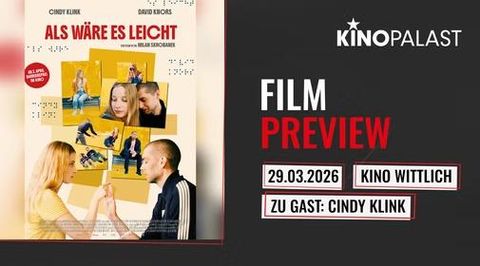 Eine Filmvorschau für den Titel "Als wäre es leicht" wird angezeigt. Die Veranstaltung findet am 29. März 2026 im Kino Wittlich statt, mit Cindy Klink als Gast.