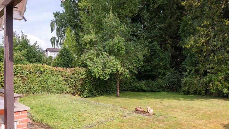 Un jardin bien entretenu avec une pelouse verte et des arbres. À l'arrière-plan, des haies basses sont visibles.