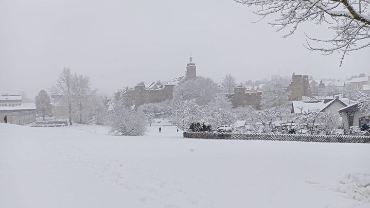Een besneeuwd landschap met een stad op de achtergrond. De gebouwen zijn omgeven door een dikke sneeuwlaag.