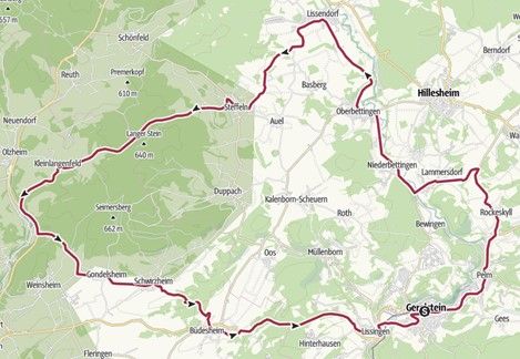 Map of a hiking route in the Eifel, Germany, with marked path through several places such as Hillesheim and Gerolstein.