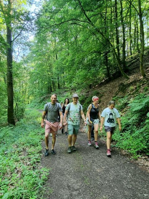 A group of five people is hiking on a forest path. The surroundings are green and wooded, with plenty of natural light.