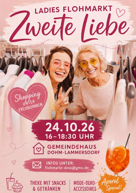 L'annonce promeut un marché aux puces pour femmes intitulé "Deuxième Amour" le 24.10.2026 de 16h à 18h30 dans la maison communale de Dohm-Lammersdorf. Il y aura un comptoir avec des en-cas et des boissons ainsi que des vêtements, de la déco et des accessoires.