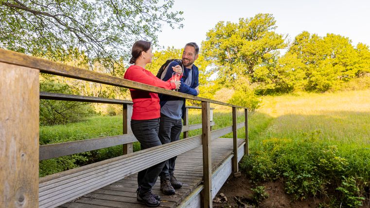 Deux personnes se tiennent sur un pont en bois dans un paysage verdoyant.
