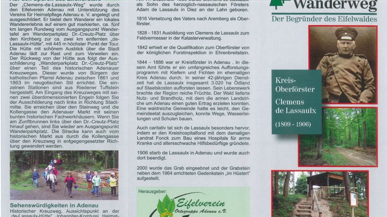 Flyer über den Clemens-de-Lassaux-Weg mit Informationen und Bildern des Eifelwanderwegs und seines Namensgebers.