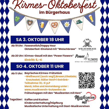 Een evenementposter voor het Butzweilerer Kirmes-Oktoberfest in het Burgerhuis. Het toont informatie over data, activiteiten en entreeprijzen.