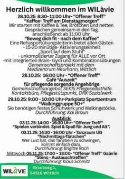 Ein Veranstaltungsprogramm mit verschiedenen Terminen und Aktivitäten in WILàvie. Es enthält Informationen zu Kaffee-Treffen, Sportevents und Angeboten für Pflegebedürftige.