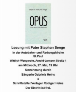 Ein Plakat für eine Lesung in der Autobahn- und Radwegekirche St. Paul. Die Veranstaltung findet am 6. Juni um 19 Uhr mit Pater Stephan Senge statt.
