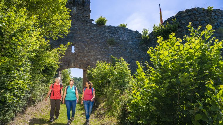 Three hikers walk through a castle gate, surrounded by green bushes and trees, in sunny weather.