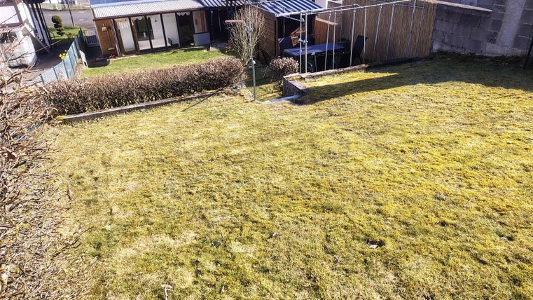 A well-maintained garden with green grass and a view of some houses. In the background, trees and a fence can be seen.