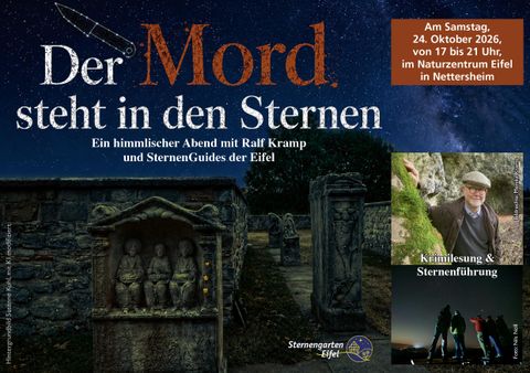 Une affiche pour un événement intitulé « Le meurtre est dans les étoiles ». Elle montre une image nocturne mystique avec des étoiles et contient des informations sur une lecture de polar et une visite guidée des étoiles au Centre Nature Eifel.