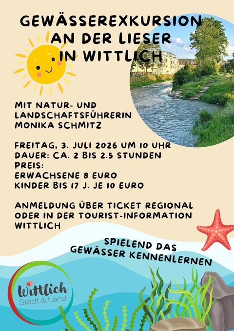 Een flyer voor een waterexcursie aan de Lieser in Wittlich. Het evenement vindt plaats op 3 juli 2026 en biedt informatie over de natuur, geleid door een landschapsgids.